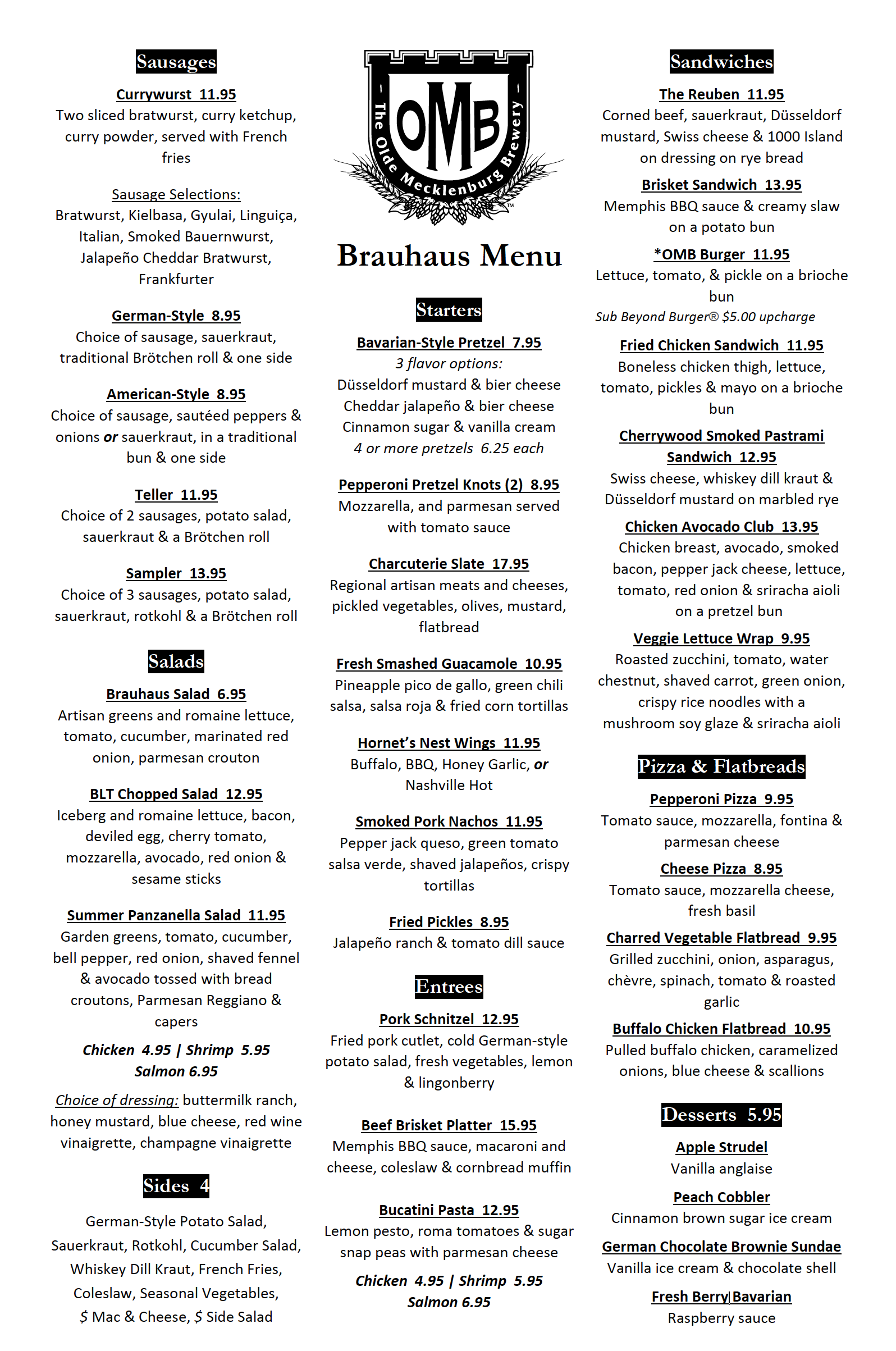 OMB Menu The Olde Mecklenburg Brewery